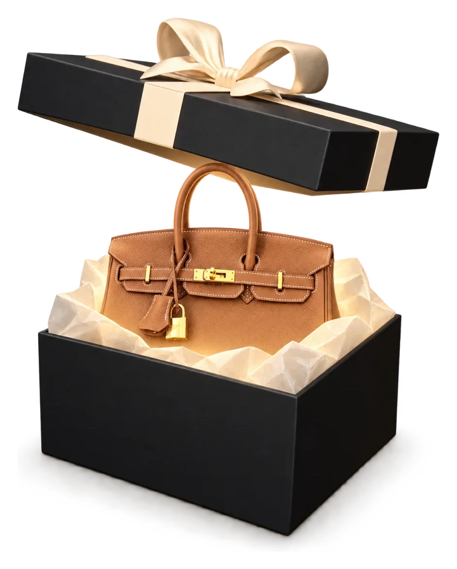 An open black gift box with a gold Birkin 25 rising out of it