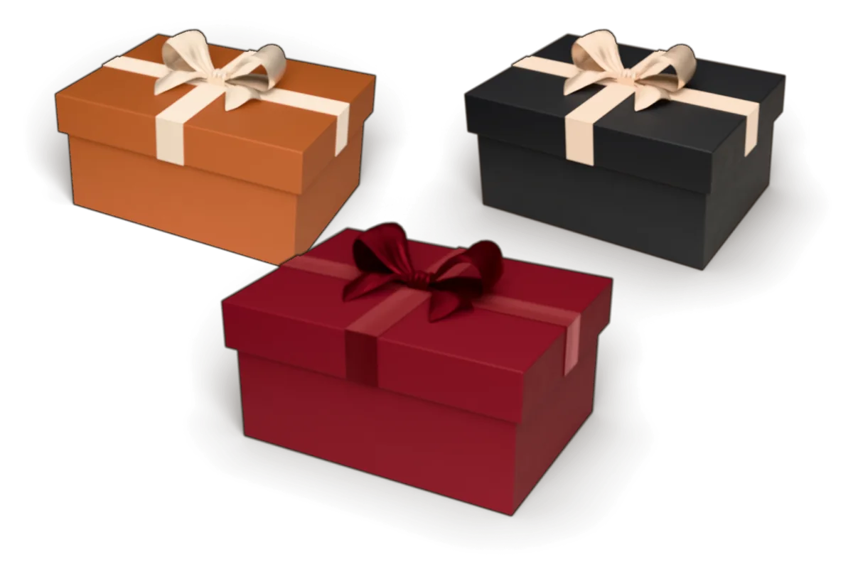 Three PoshPull gift boxes: orange, red and black