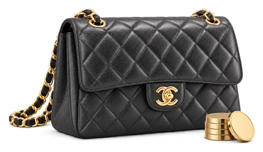 A black Chanel Classic Flap beside a stack of gold coins